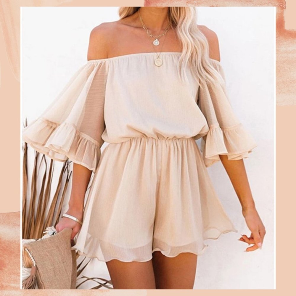 NWOT Kathryn Off Shoulder Bell Sleeve Romper Nude Pink